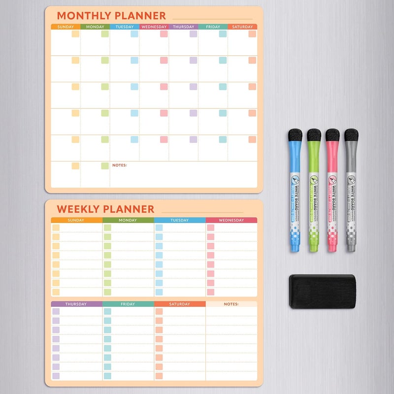 Beech & Lambert Magnetic Whiteboard Calendar for Fridge – 2-Pack Monthly & Weekly Planners (14”x12”) – Dry Erase Boards with Notes Section, Shaded Dates – Includes 4 Markers & Magnetic Eraser - Image 2
